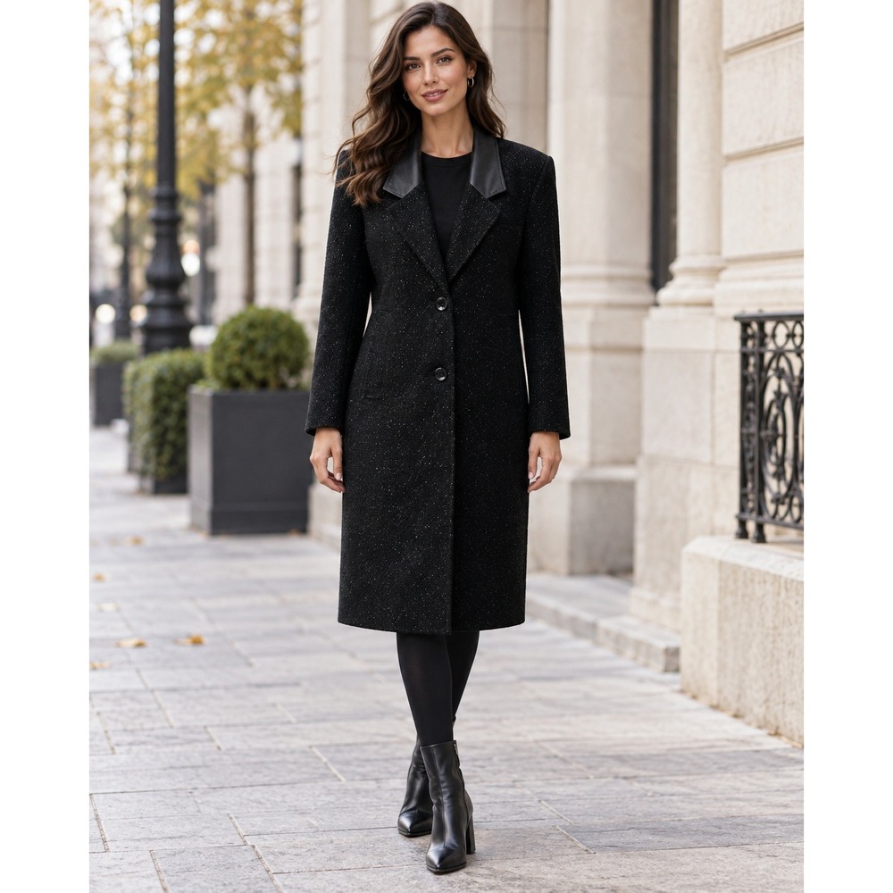 David Benjamin Black Wool Blend Long Blazer Coat Leather Trim Metallic Flecks  8